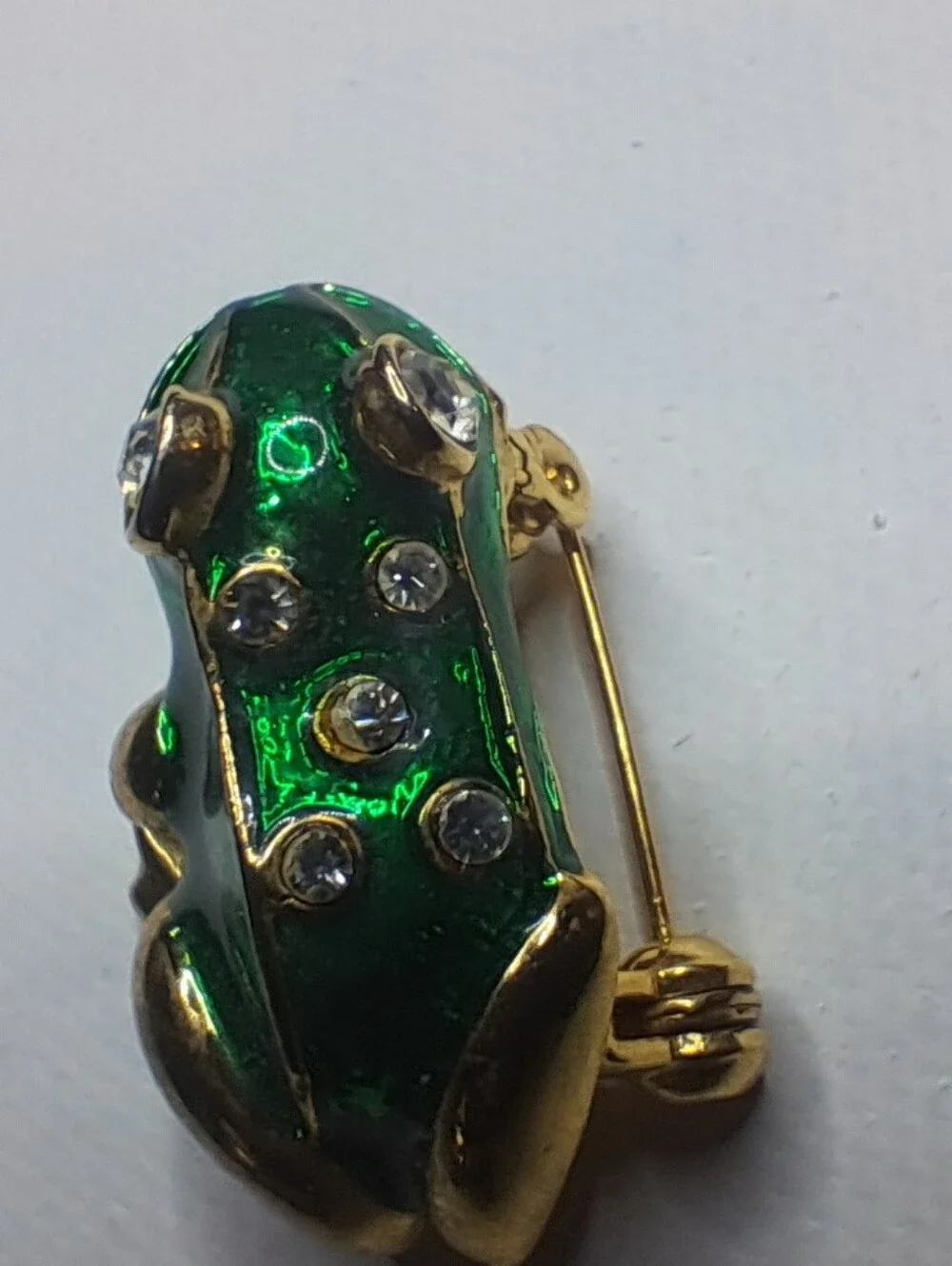 Vintage Green Enamel Rhinestone Frog Brooch Pin Gold Tone Novelty